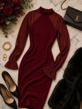 Dylan Ryan Burgundy Metallic Midi Dress S Illusion Yoke Shimmer Party NWT